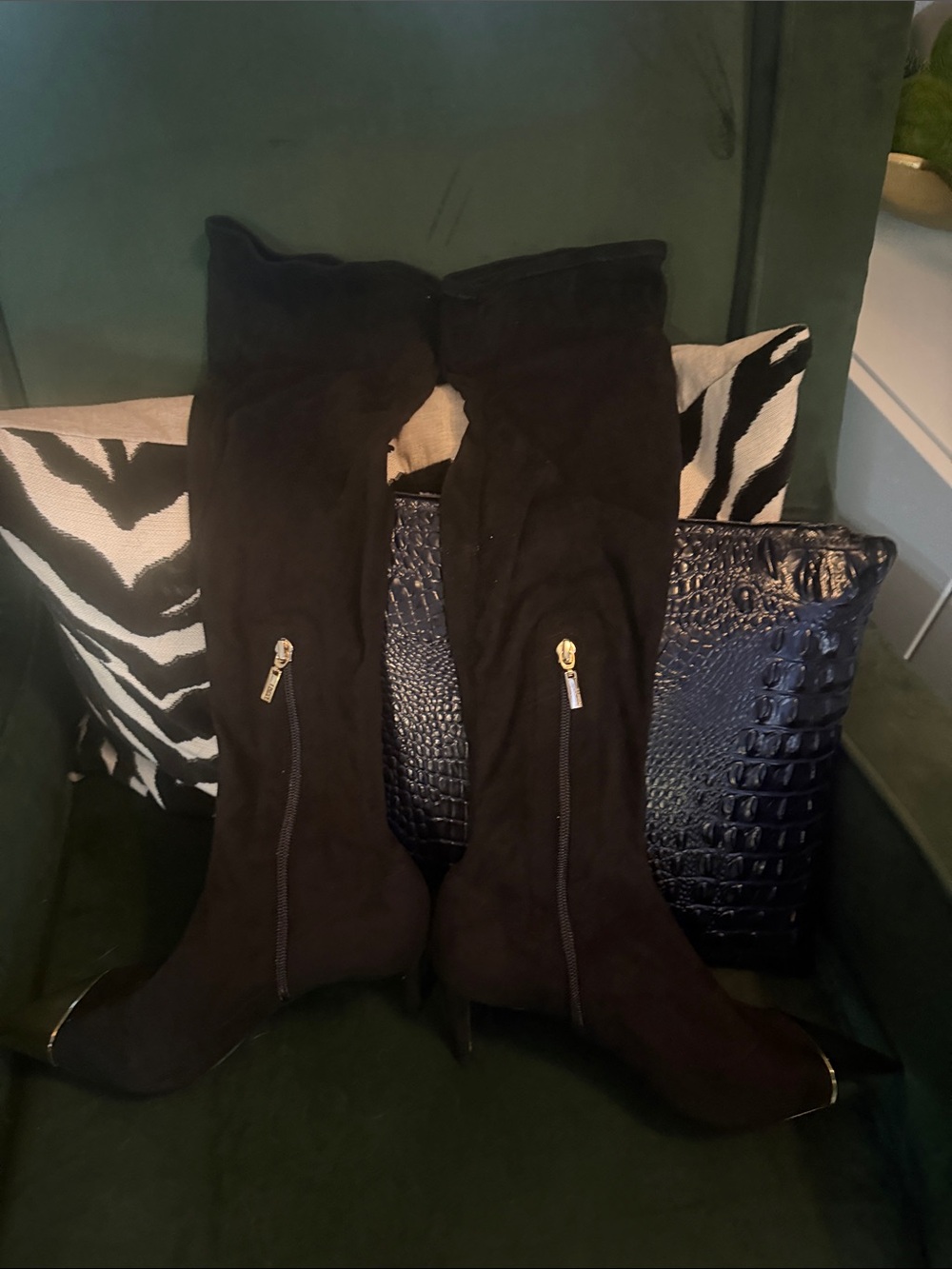 Schultz Black Over-the-Knee Zip Accent Boots with Gold Trim